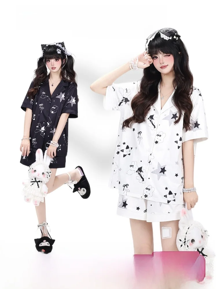 

Crazygirl Black White Rabbit Short Sleeve Comfortable Skin-friendly Summer Sleepwear Home Clothes for Girls Teenage Feel