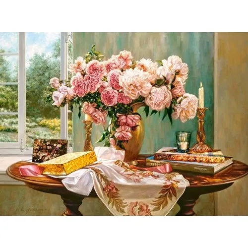 Hobigun Diamond Mosaic Table Diamond Painting Window In Front Of the Flowers In Vase-30 X40