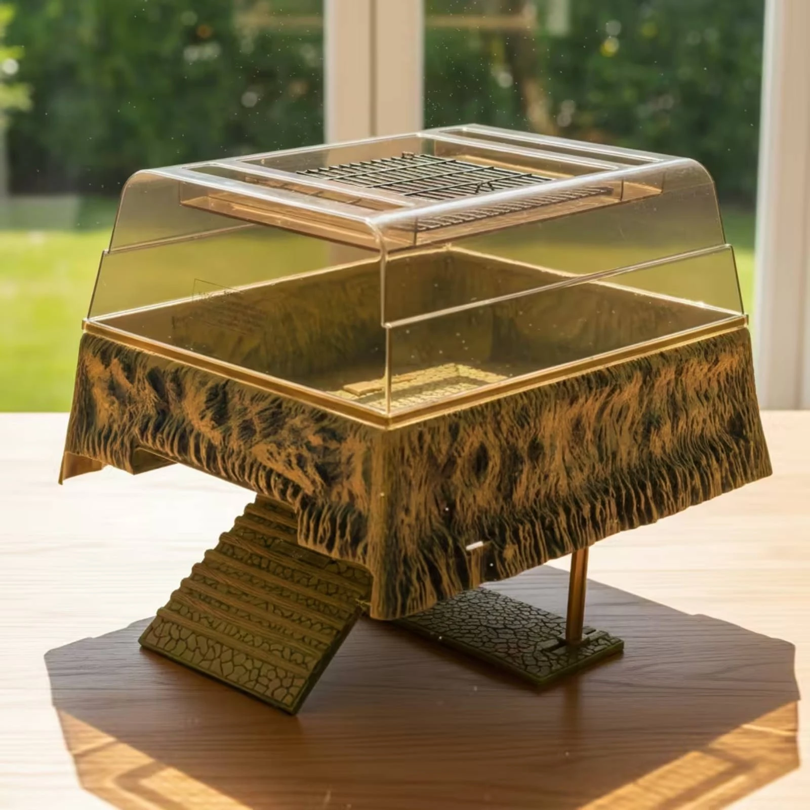 Turtle Basking Platform with Ramp Anti-Slip Turtle Basking Dock Anti-Slip Aquarium Rock Cave with Mesh Top for Turtles Reptiles