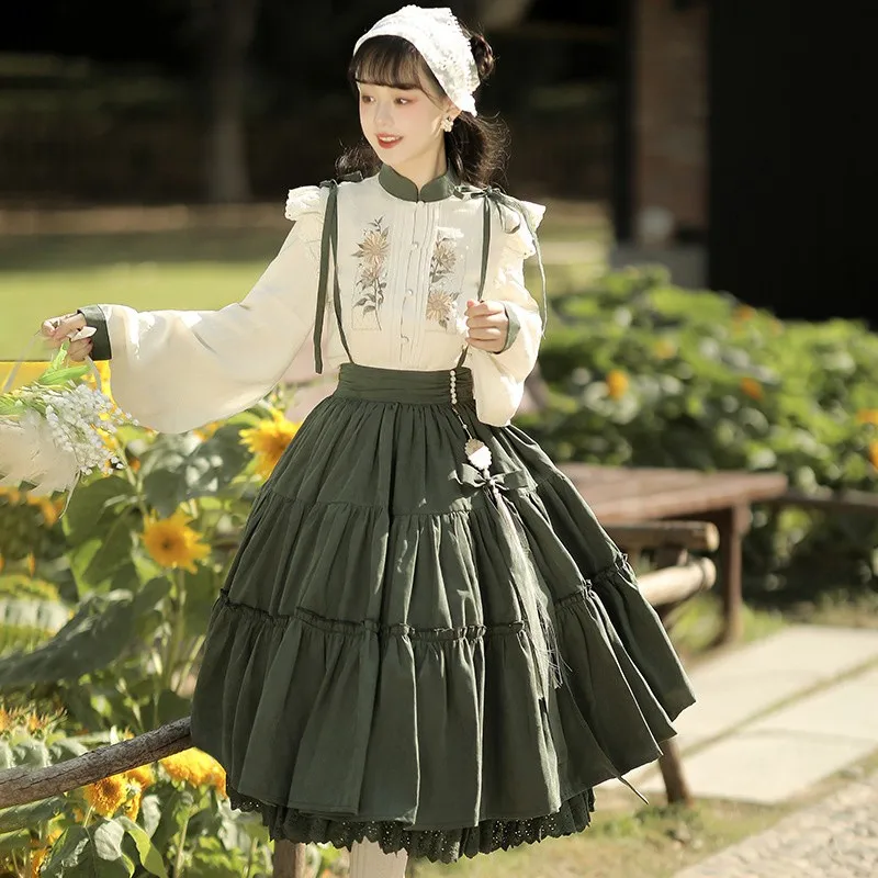 Chinese Lolita Dress Set Elegant Vintage Ruffle Lolita Skirt +white Blouse Autumn Winter Cute Retro Idyllic Dress Set
