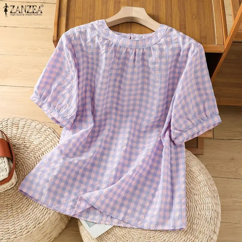 

Fashion Summer O Neck Short Sleeve Blouse 2026 ZANZEA Women Plaid Checked Tops Casual Loose Work Shirt Female Holiday Blusas