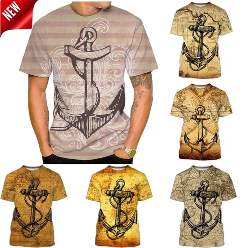 New Classic Anchor 3D Graphic T Shirts Men Clothing Short Sleeve T-Shirt Casual Retro Cool Design Summer Unisex Street Wear Top