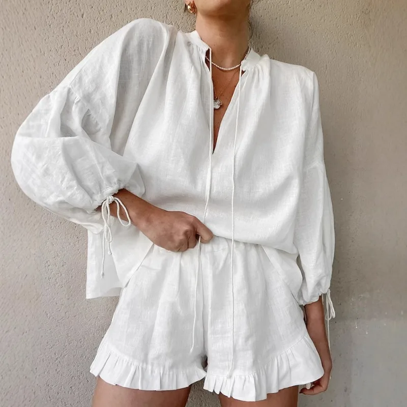 

DINADD White V-neck Shorts Set 2025 Summer Patchwork Lacing Cotton Linen Loose Women Two Piece Casual Solid Long Sleeve Suit