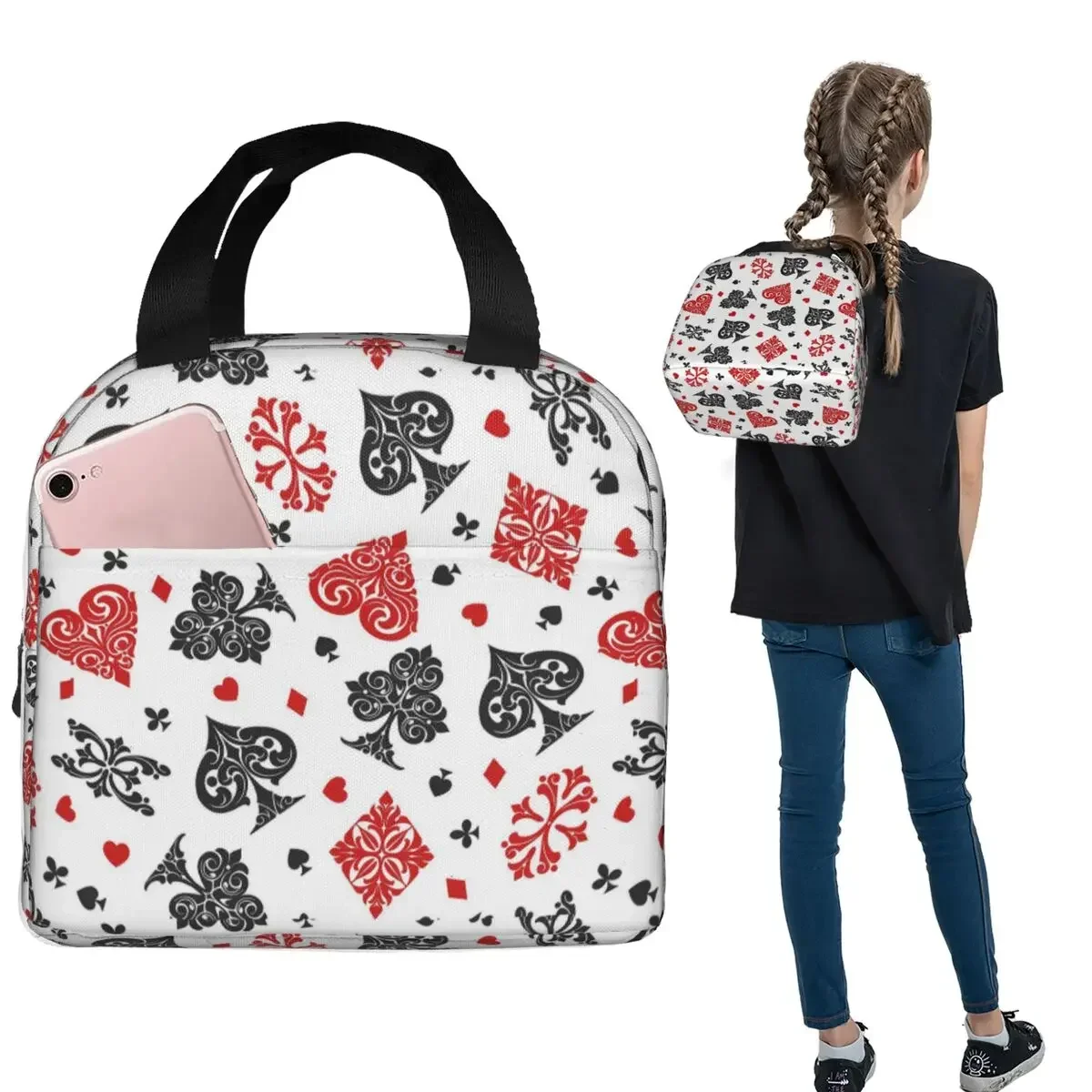 Playing Card Icons Insulated Lunch Bag for Women Kids Portable Food Boxes Thermal Lunch Box Tote