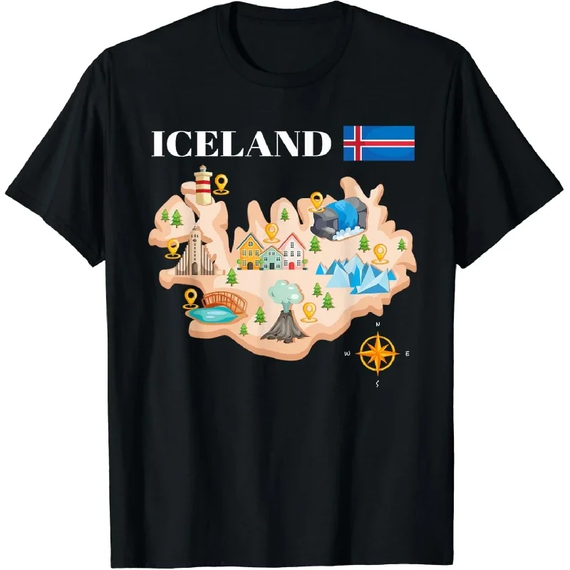 2024 Iceland map souvenir puffin travel T-shirt couple short summer tees casual cotton