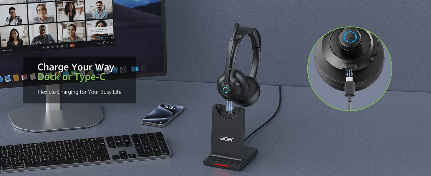 NEUE Acer HB02 Kabellose Headsets für die Arbeit 2,4G Bluetooth 5.3 Dual-Mode-Kopfhörer ENC Kristallklare Anrufe Mikrofon USB-Dongle für PC – Detail 5