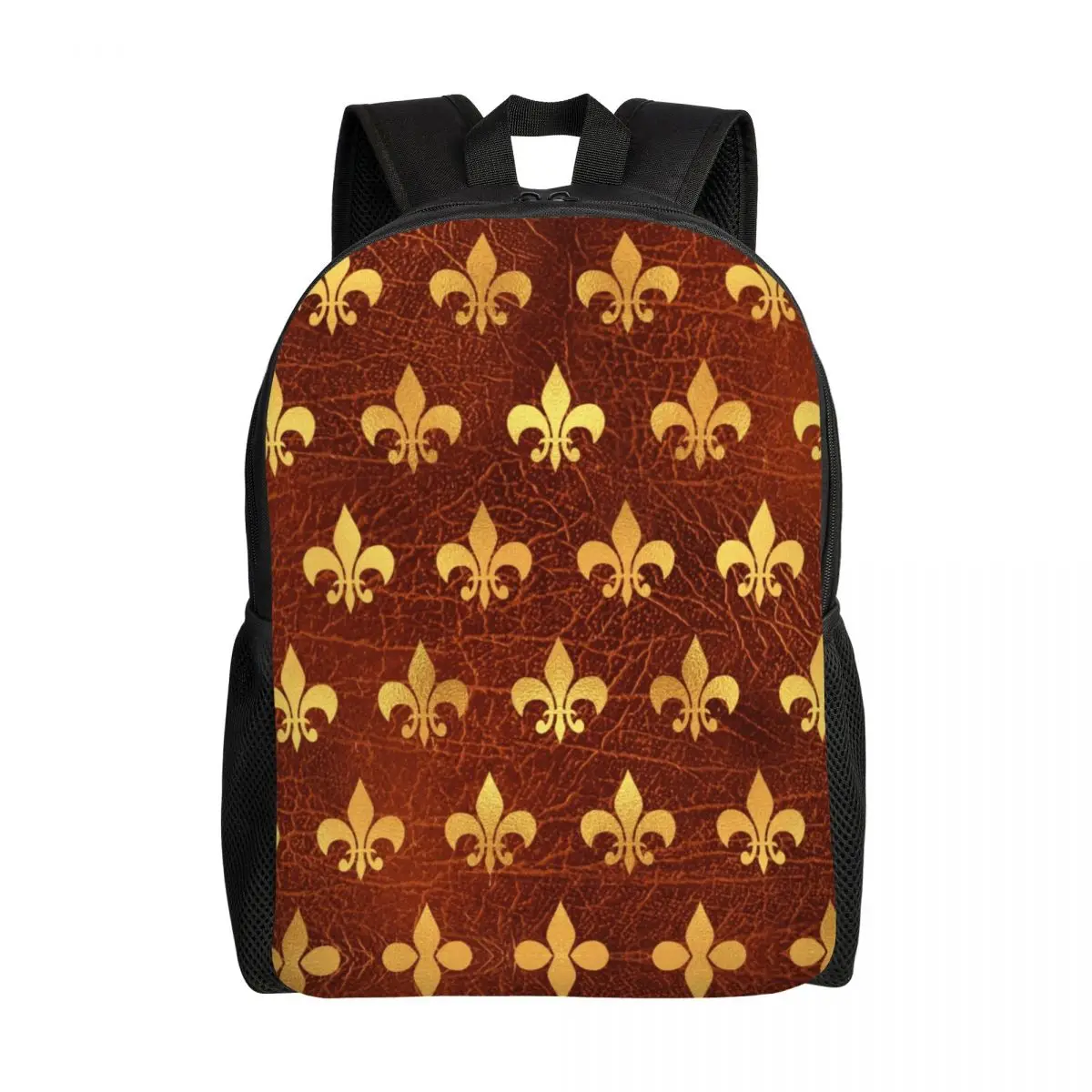 Royal Gold Brown Leather Fleur De Lis Backpacks for Women Men Waterproof School College Lily Flower Bag Printing Bookbag