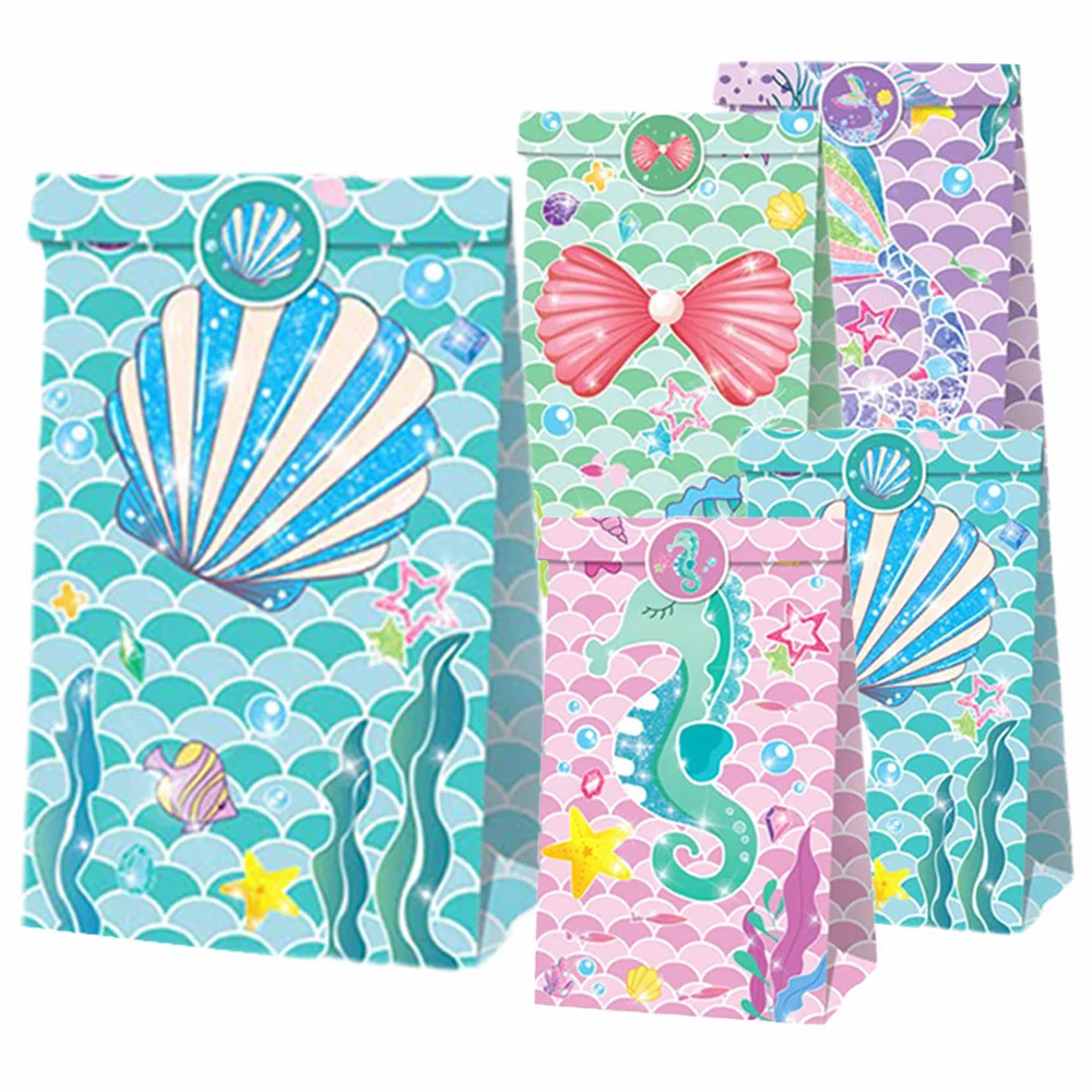 12 Pcs Mermaid Shell Candy Bags with Stickers Birthday Partea Goodie Seahorse Starfish Goldfish Paper Treat Gift Bags