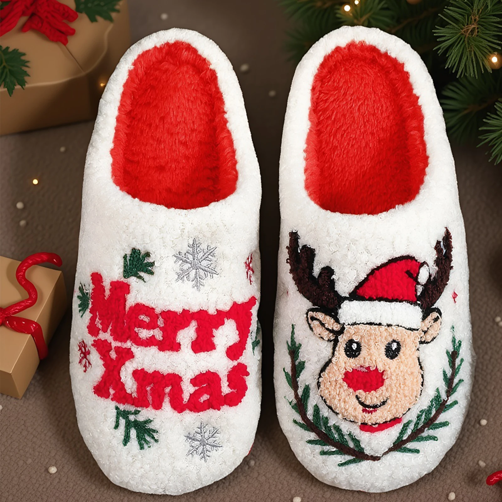 شبشب قطني على شكل غزال عيد الميلاد غير قابل للانزلاق أحذية منزلية لطيفة دافئة غامضة دافئة كرتونية مسطحة للشتاء هدية غير رسمية للعائلة والأصدقاء
