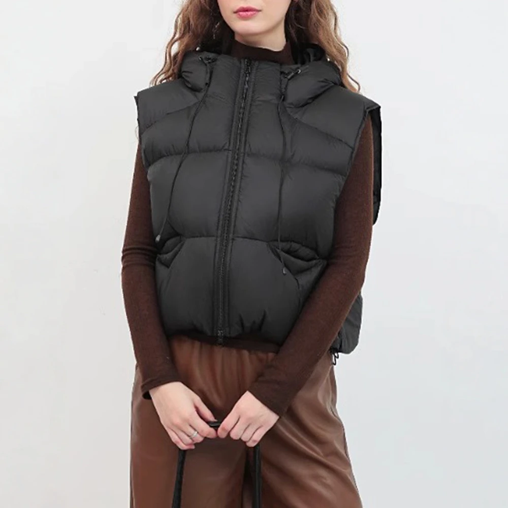 معطف نسائي للخريف والشتاء بدون أكمام مع غطاء للرأس وتصميم عادي مريح وسترة قطنية أساسية يومية مع جيوب