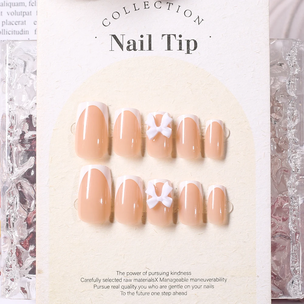 24Pcs Fashion White French Fake Nails with White Bow Design Short Square Head False Nails Wearable Simple Press on Nail Tips