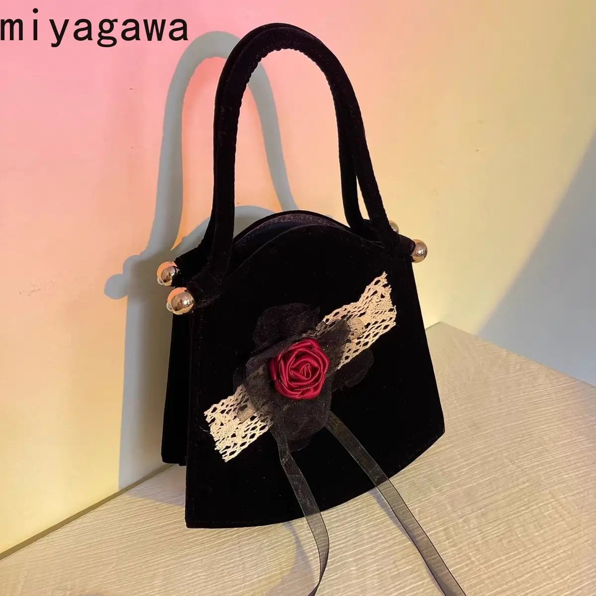 Miyagawa Retro French Korean Style Niche Bag 2024 New Rose Velvet Girl's Oblique Handheld Fashion Causal Square Bags