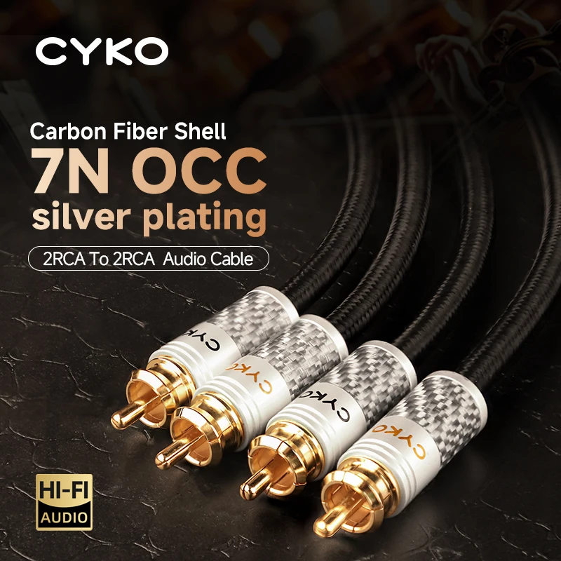 CYKO 1 زوج 2RCA إلى 2RCA 7N OCC كابل صوت ستيريو مطلي بالفضة عالي الأداء لخلاط مكبر الصوت