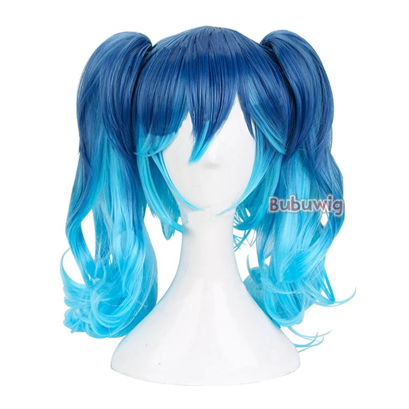 Bubuwig Synthetic Hair Blue Gradient Ponytail Wig 40cm Long Curly Mixed Color Cosplay Party Wigs Heat Resistant With 2 Clips