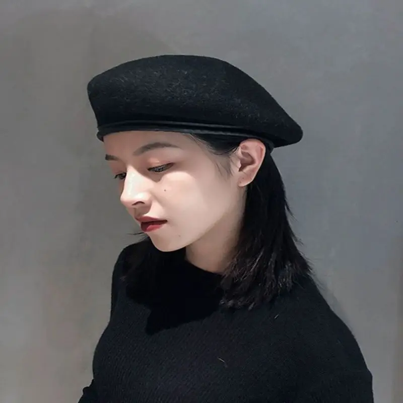 Beret Hat Autumn Winter Women Warm Everything With Solid Color High Quality Pu Leather Border Wool Painter Hat