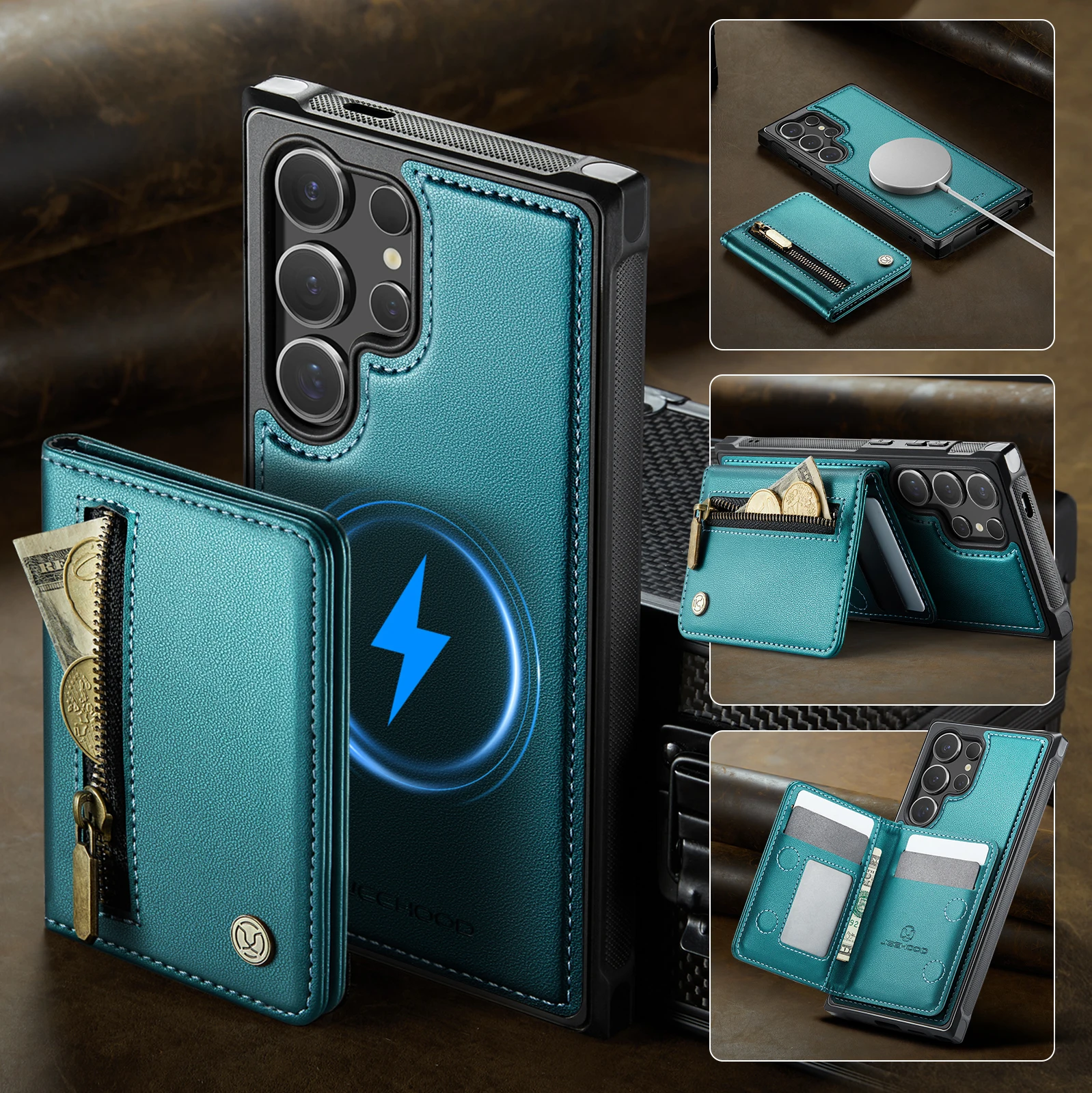 JEEHOOD-J12 2-in-1 Removable Magnetic Premium PU Leather Case Card Cover for iPhone 16 17 Pro Max 15 14 13 12 11 Pro 7 8 SE2 SE3