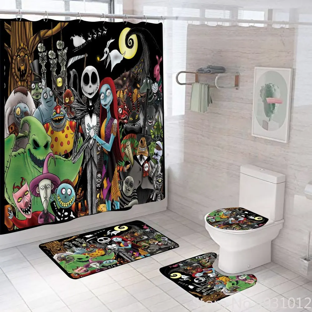 Anime Nightmares Before Christmas Shower Curtain Set 4pcs For Bathroom Waterproof Jack and Sally Bath Curtains Decoration