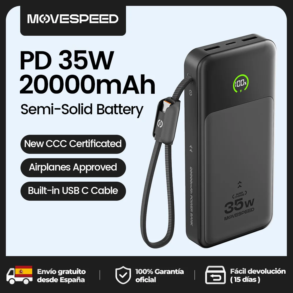 【CCC】MOVESPEED P20 Batería Externa con Forma de Cuchilla, 20000mAh, 35W, Carga Rápida, para iPhone 17Pro y Samsung