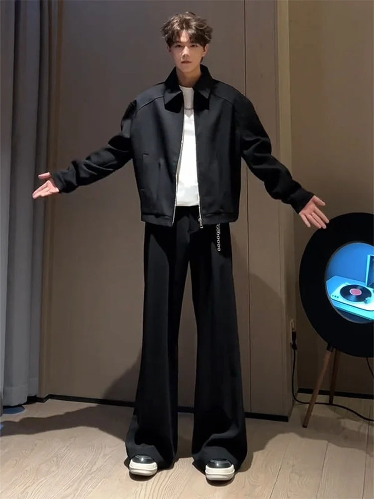 

Black Slim Fit Ice Silk Drapey Straight Leg Trousers Men's Summer Cleanfit Knife Cuffed Western Pants Casual Style