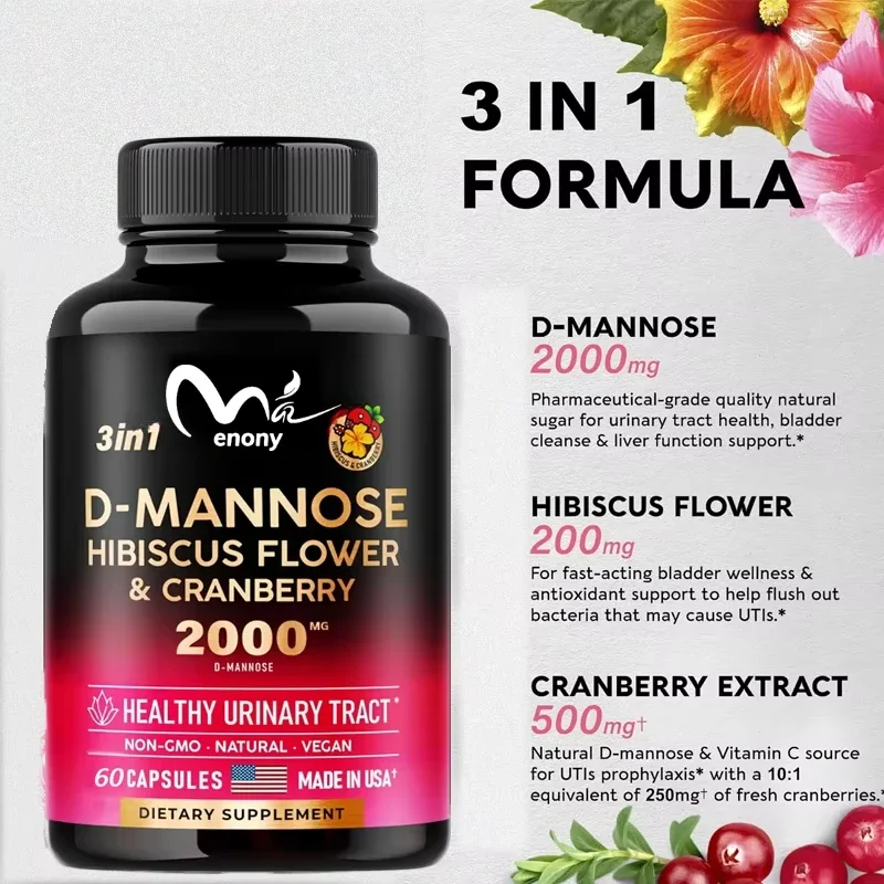 D-mannose 2000 mg 60 cápsulas - vejiga 3 en 1, hígado y apoyo digestivo arándano y hibisco apto para hombres y mujeres