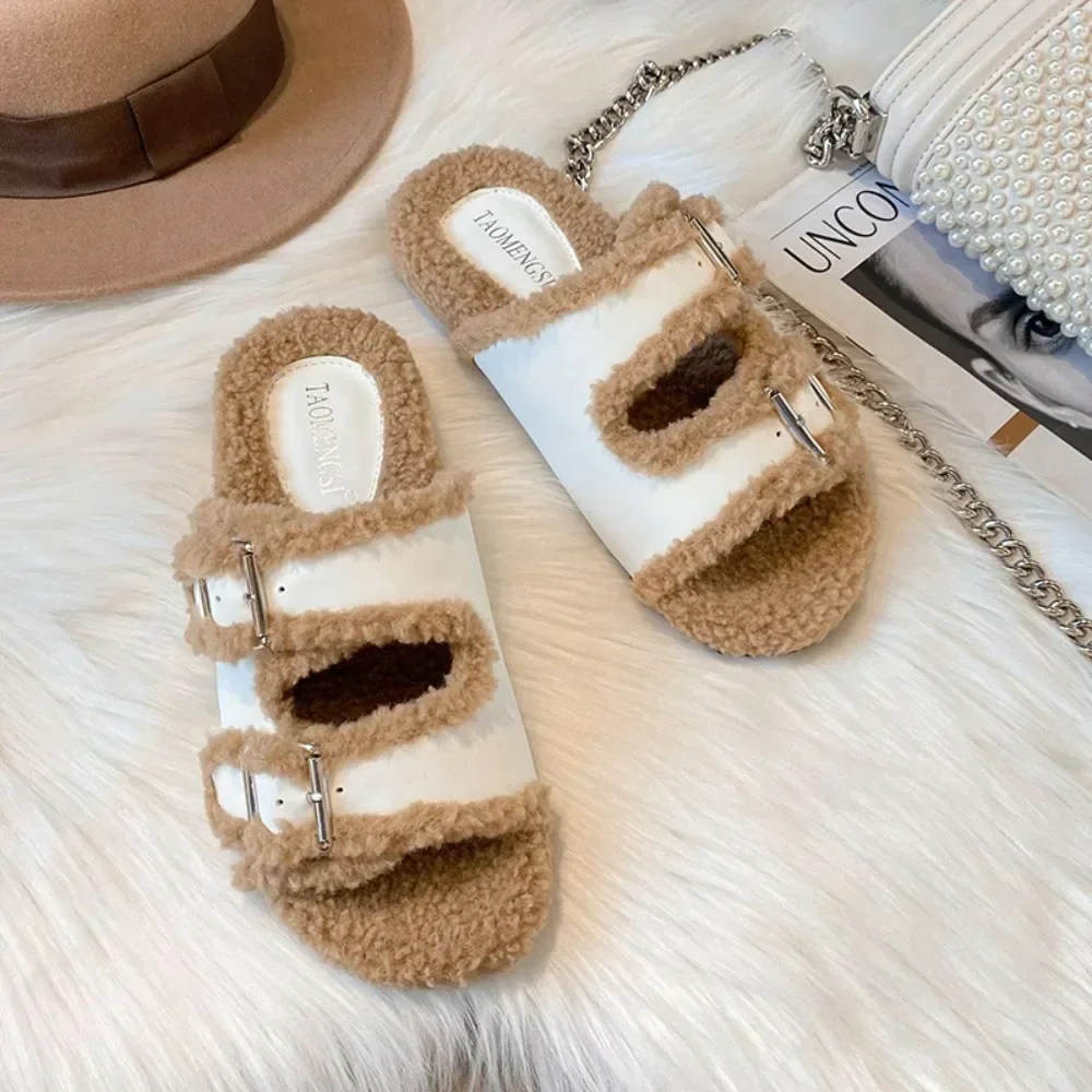 Women\'s Platform Slippers Fashion Outside Double Button Plush Slippers Women Winter Belt Buckle Slippers Chanclas Mujer