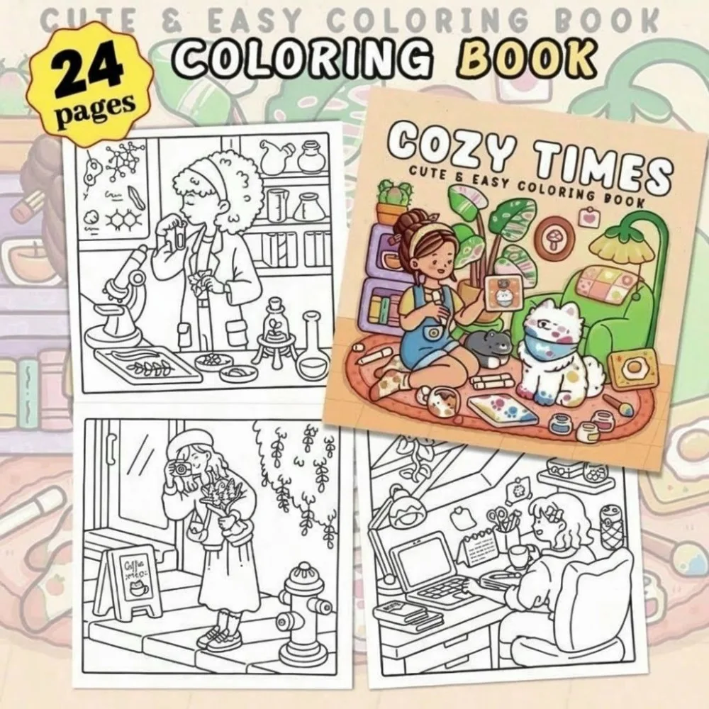 Cute Easy Cozy Times Adult Coloring Book 24 Pages Sweet Comforting Scenes Relaxing Art Therapy Gift