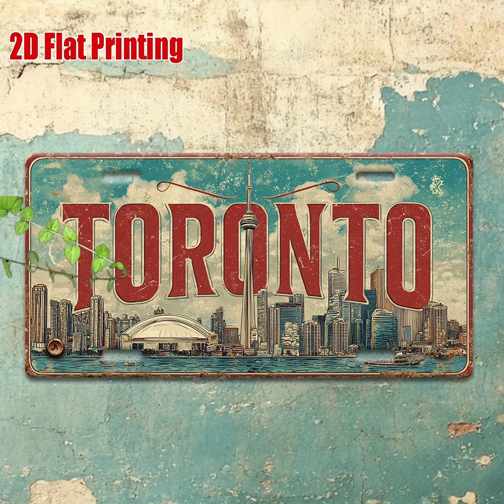 2D Flat - [Open ]2D Flat Vintage Toronto Metal License Plate Wall Decor | Distressed Red And White Color Scheme, 11.8X5.9 Inc