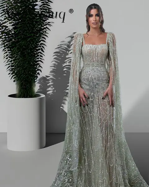 Arabic Sage Green Sparkle Heavy Beaded Evening Dresses with Cape Sleeves Middle East Muslim Long Kaftans Dubai Prom Party Gowns