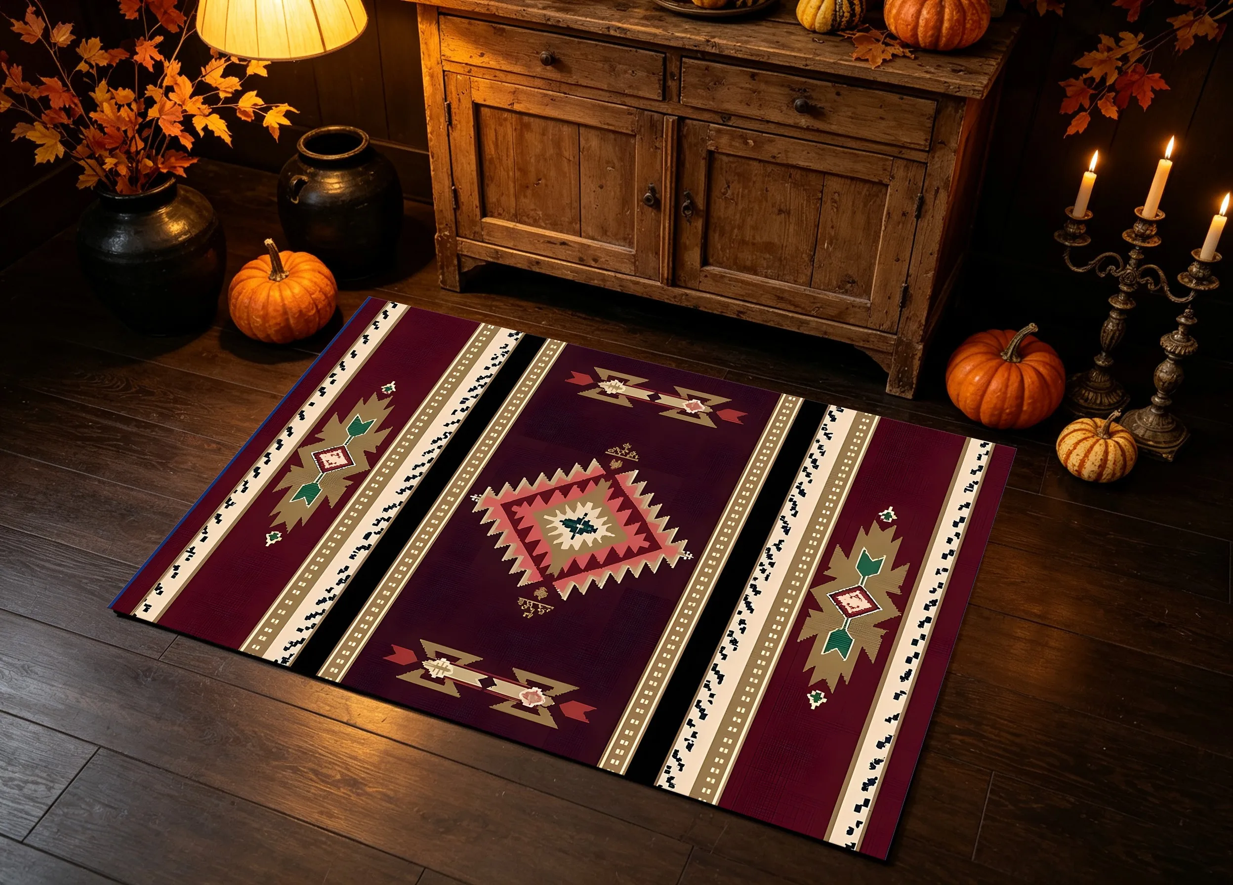 Burgundy Bohemian Diamond Pattern Velvet Rug, Modern Retro Design for Living Room, Bedroom & Entryway