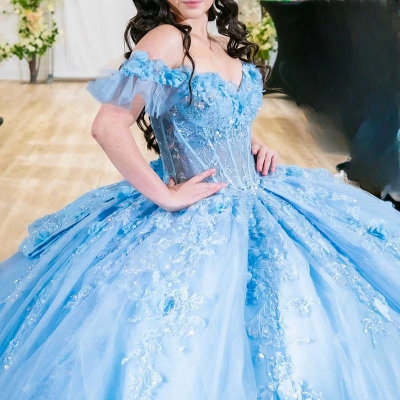 Maßgeschneiderte himmelblaue Quinceanera-Kleider, Ballkleid, schulterfrei, Applikationen, Spitze, Schleife, Perlen, Tüll, süßes 16-Kleid, Vestidos 15 De Anos