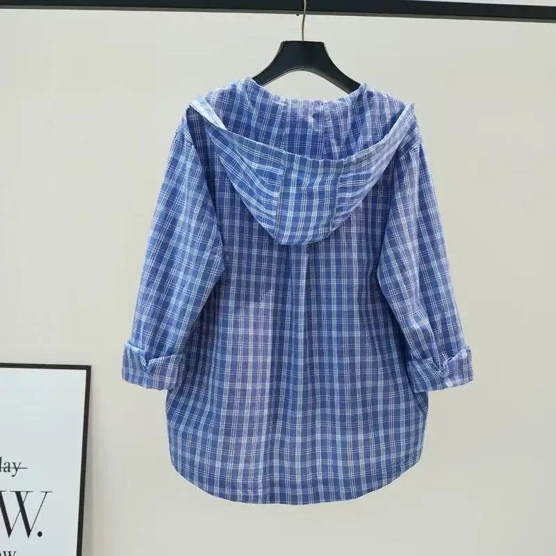 

Hooded Plaid Cotton Shirt For Women, Sun Protection, Spring And Autumn New Style, Loose Casual Shirt, Versatile Top