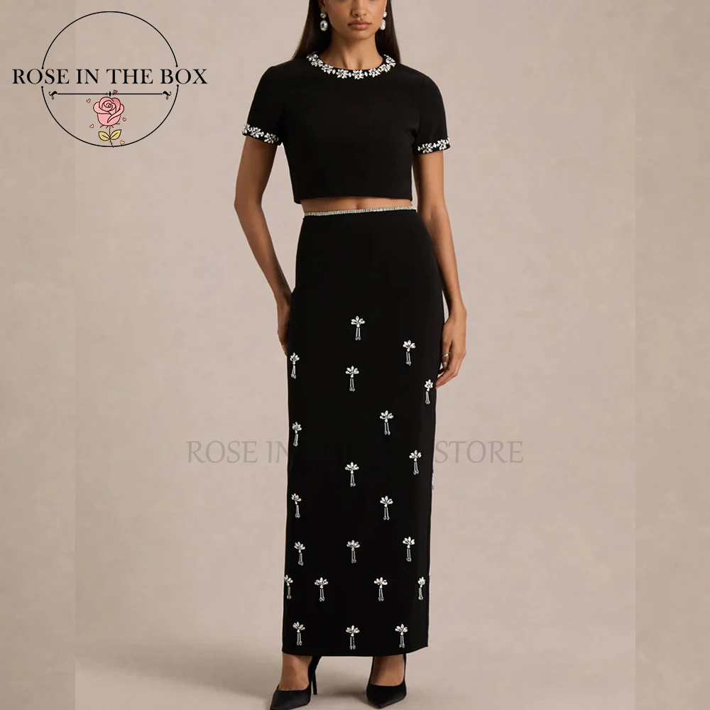 

ROSEITNTHEBOX Customized Elegant Black Two-Piece Evening Dresses with Crystals Mermaid Beaded Neckline Christmas Dress for Party