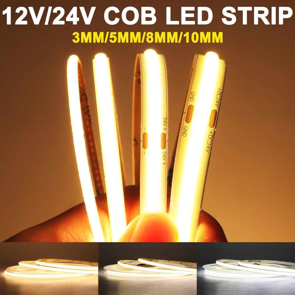 3mm 5mm COB LED Strip 12V 24V Dimmable 3000K 4000K 6000K High Density Flexible RA90 LED Strip Lights For Home Decor