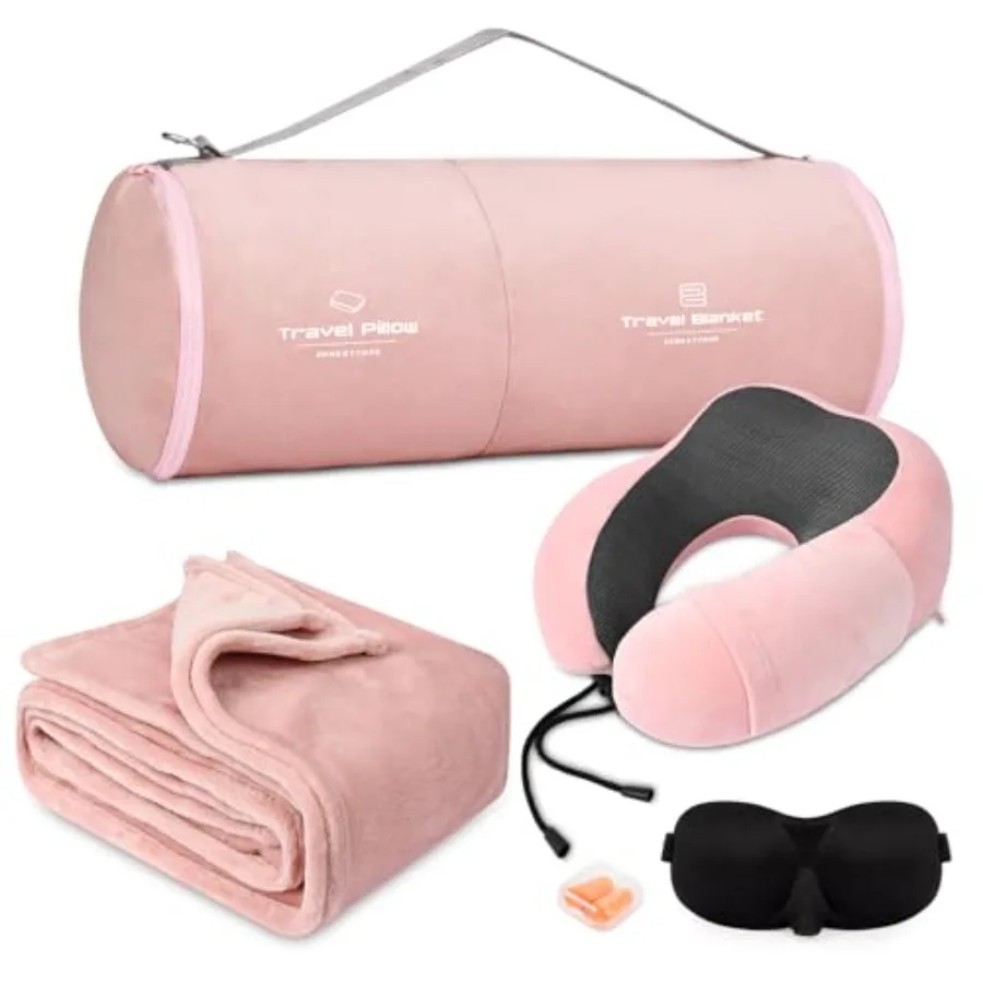 Travel Pillow and Blanket Set Neck Pillows Travel Essentials with Sleep Mask for Airplane Car Memory Foam Pink