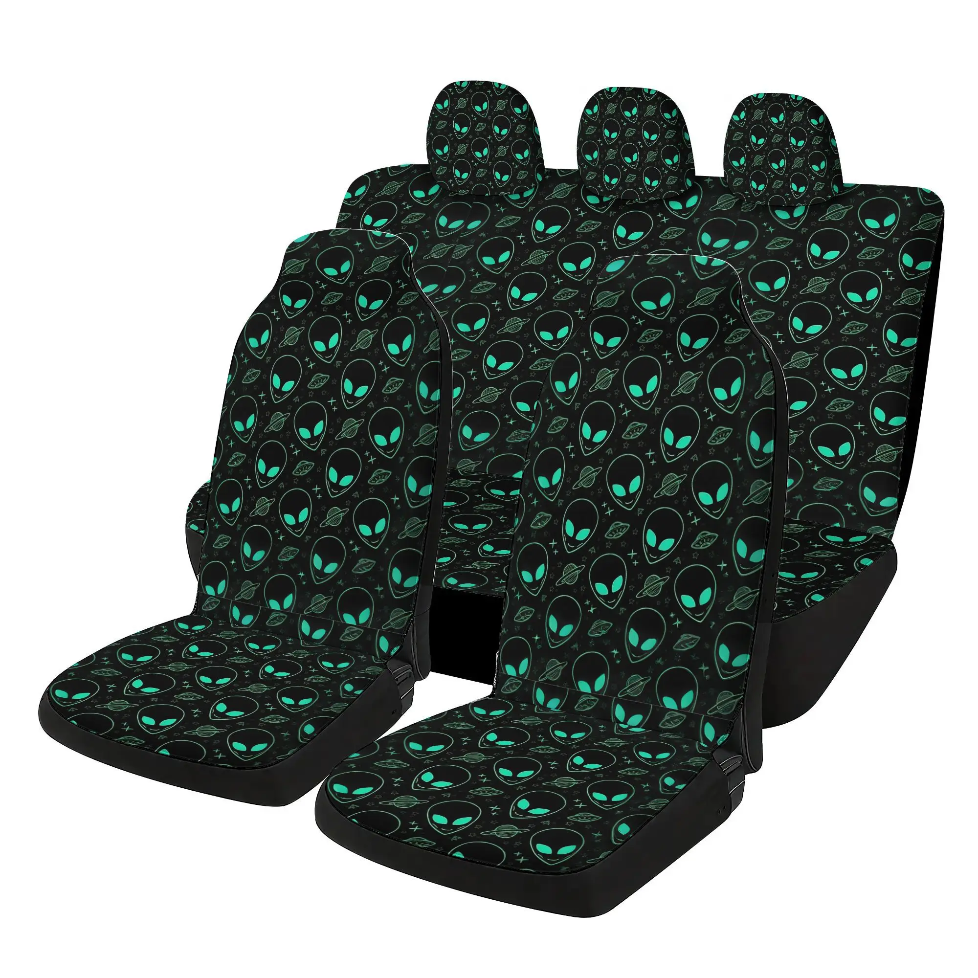 7pcs Alien Space Car Seat Covers With Prints Including 2 Front Seat Covers+ 1 Rear Seat Back Cover + 1Rear Seat Cover + 3 Car S