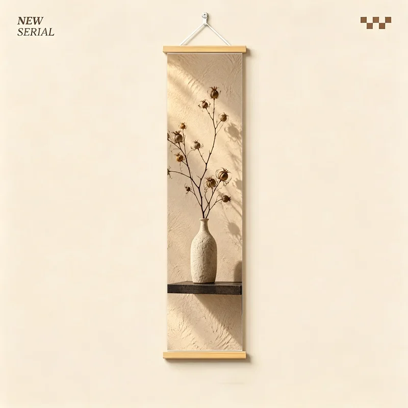Wall Decor Nigella Pod and Honesty Pod, Natural Wabi-Sabi Botanical Silver Shimmer Canvas Hanging Scroll for Yoga Studio