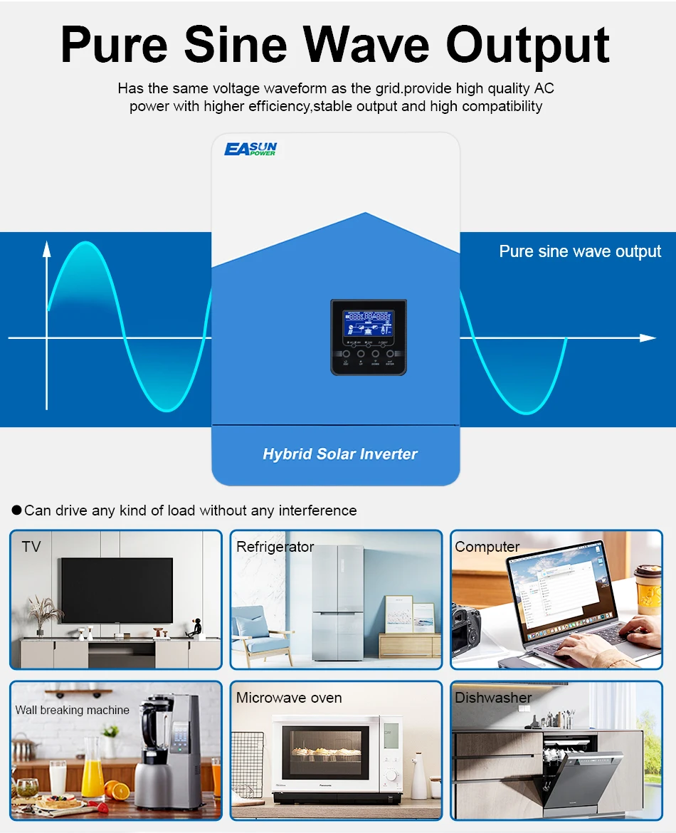 Easun 6,2 kW 4,2 kW 3,2 kW 2,2 kW Hybrid-Solarwechselrichter 12 V 24 V 48 V MPPT Off Grid 50/60 Hz reine Sinuswelle 120 A 80 A 230 V Solarladung – Detail 8