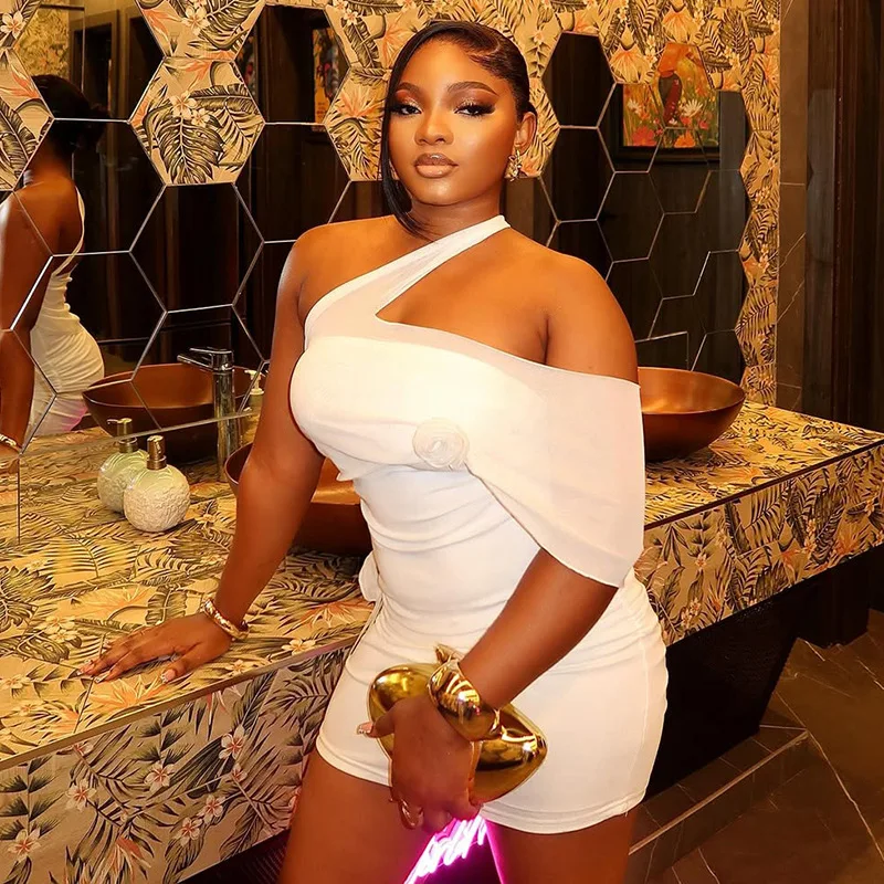 

STYLISH LADY One Shoulder Strapless Translucent Dress 2025 Summer Women Floral Bodycon White Sexy Club Party Mesh Mini Dresses
