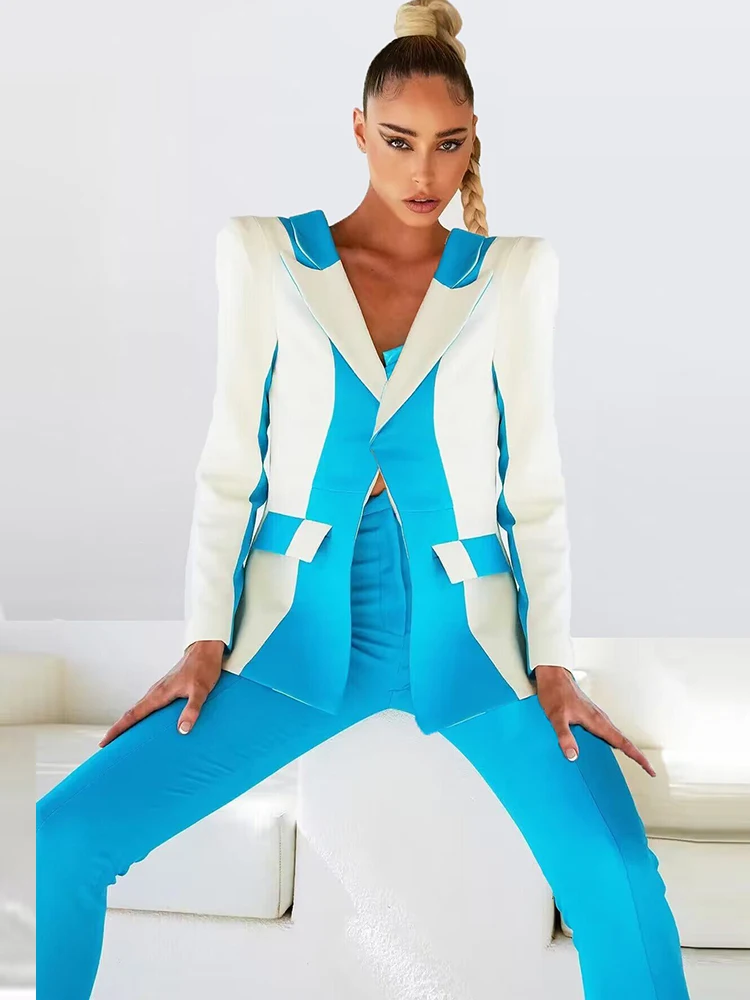 HIGH STREET Newest 2024 Designer Runway Suit Set Women's Contrast Color Block Blazer Pencil Pants Suit 2pcs