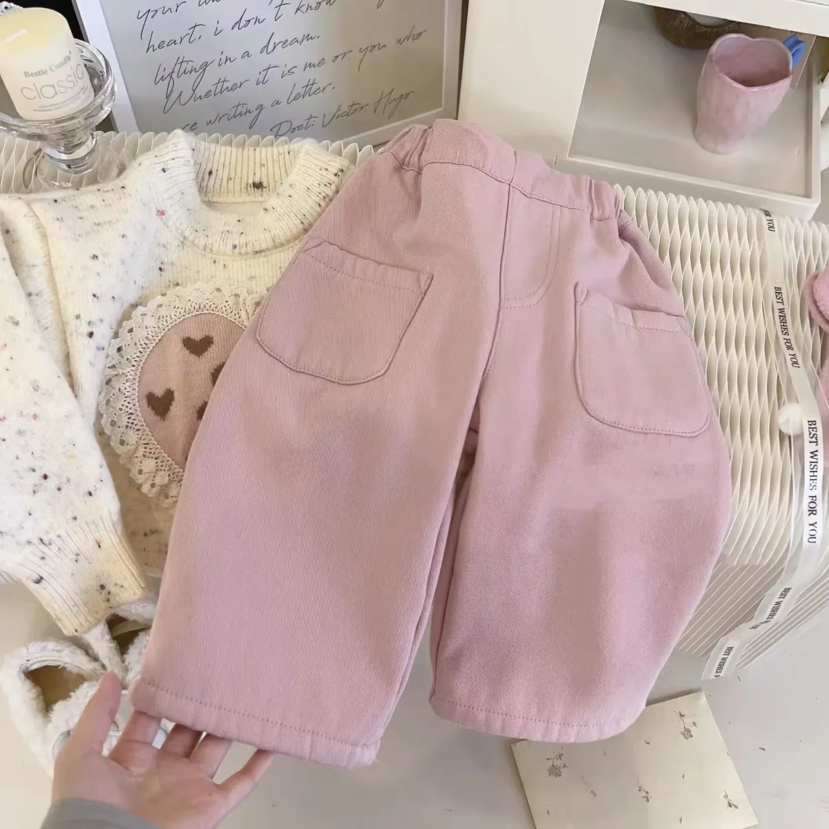 Girls Fleece Lined Pants Autumn Winter 2026 New Baby Girl Pink Casual Straight Leg Trousers Thick Warm Children Long Pants
