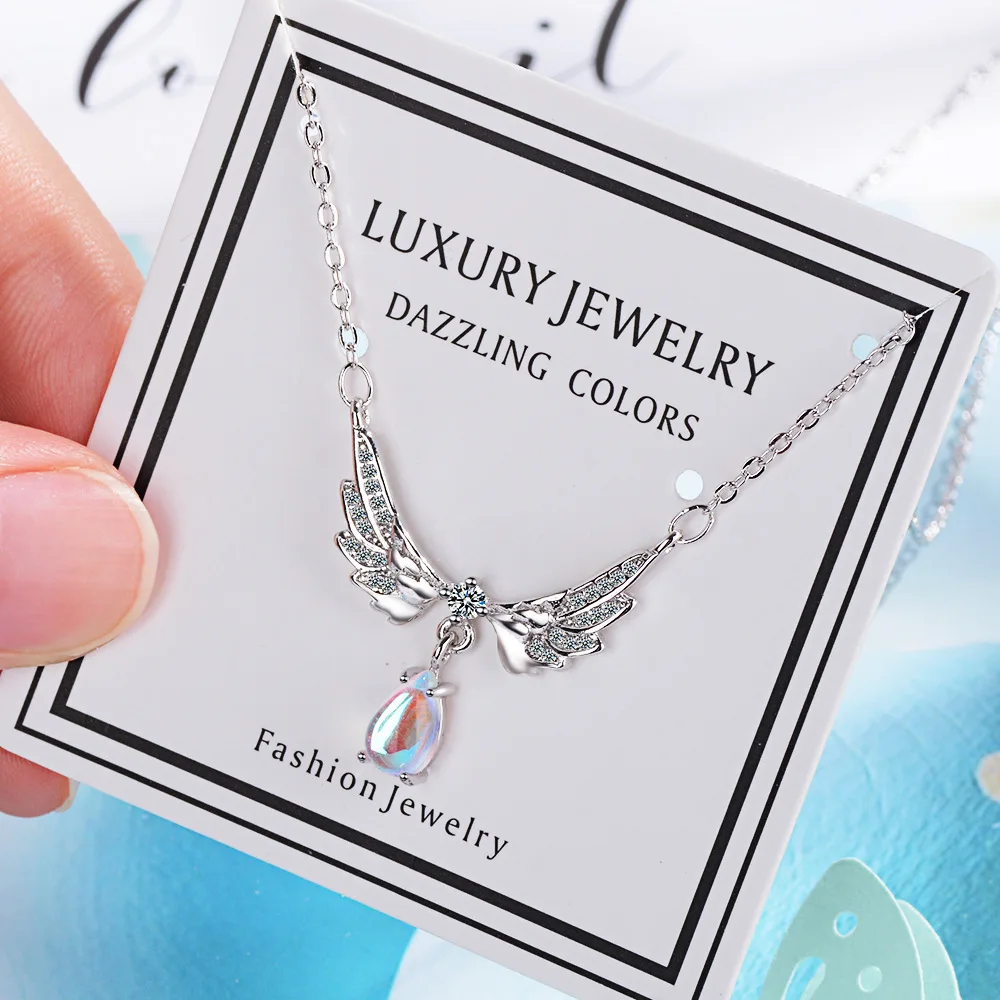 925 Sterling Silver Women Chain On The Neck Collarbone Necklace For Women Wing Water Drop Crystal Pendant Chain Girl Jewelry