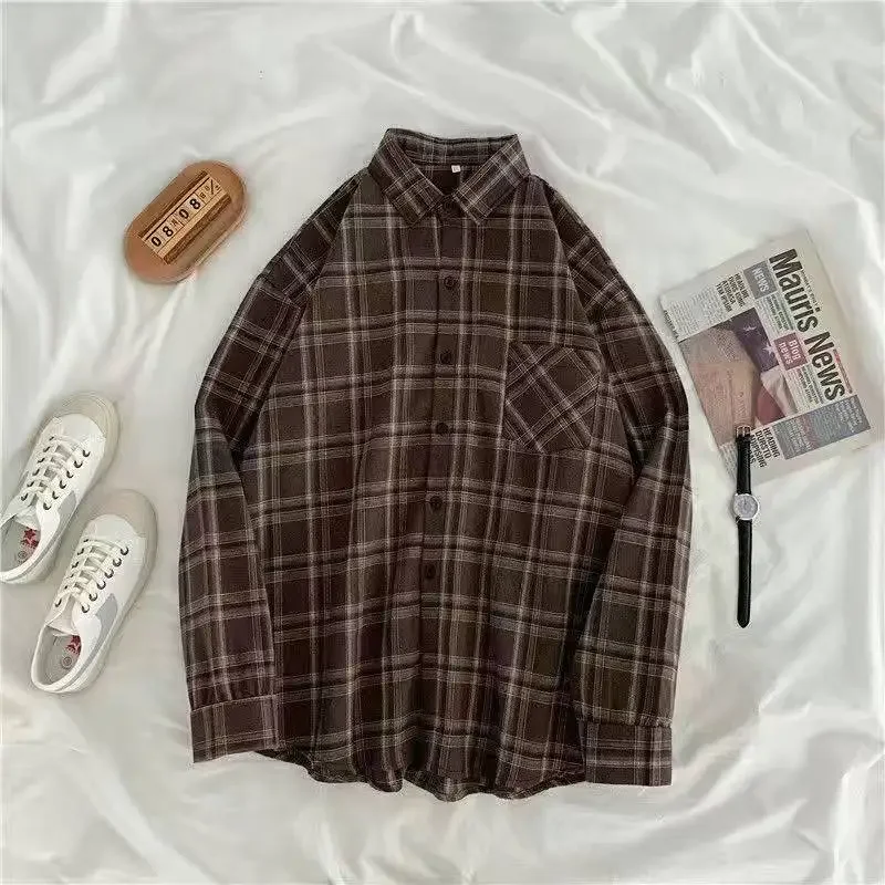 Vintage Plaid Shirts Women Autumn Long Sleeve Oversize Button Up Shirt Korean Fashion Casual Fall Outwear Tops Blusas Mujer 2023