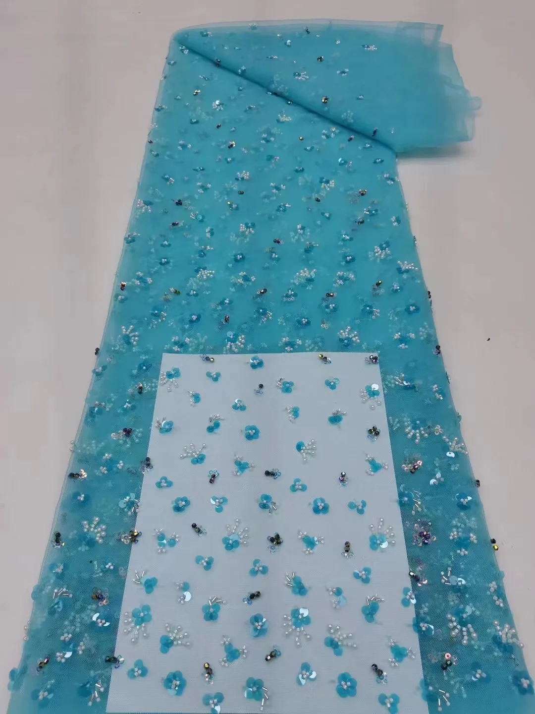 

Luxury Hand Beaded Fabrics Bridal Tulle Lace blue Dubai Beading Fabric for Women Wedding Dress Nigerian Lace Fabrics 5 Yards