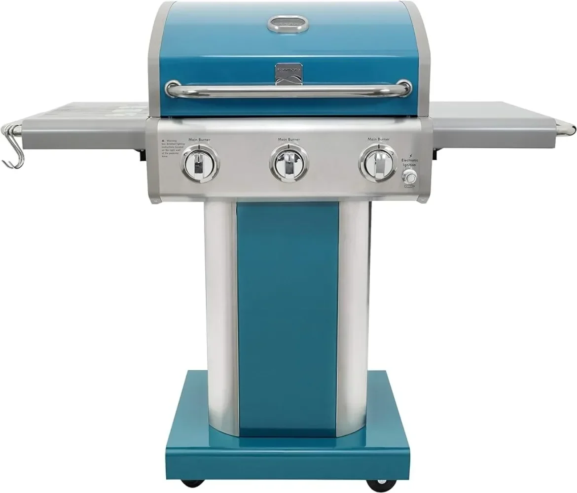 

3-Burner Outdoor BBQ Grill | Liquid Propane Barbecue Gas Grill with Folding Sides Pedestal Grill with Wheels 30000 BTU