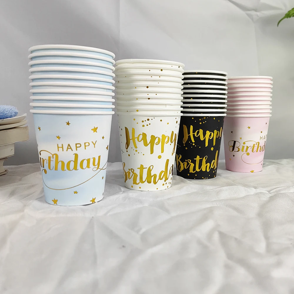 10PCS 9 Oz 250ml Happy Birthday Thickened Paper Cup Disposable Paper Cup Raw Wood Pulp Children\'s Birthday Party Supplies