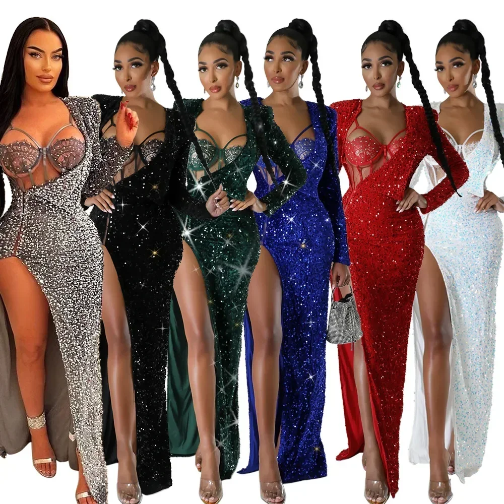 Two Piece Sets Bodysuit Sexy Women Sequin Dress Rompers Solid Slim Fit Sheath Full Sleeve Hip Wrap Dresses Set Party Gown