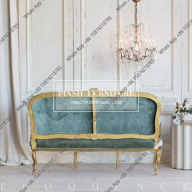 French solid wood retro carved three-person sofa, European neoclassical old living room studio club sofa combination