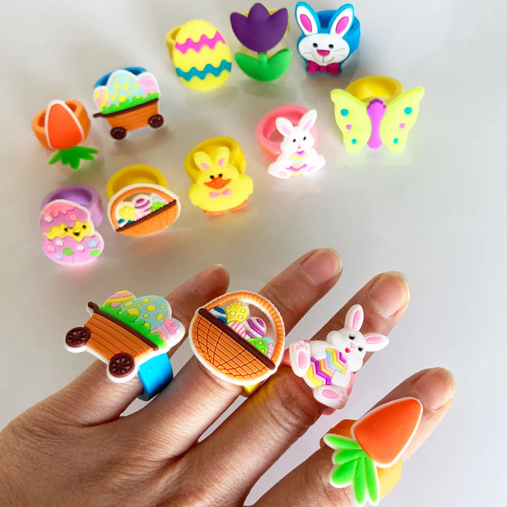 

20 pcs Easter Ring Rubber Rings 2024 Easter Favors Eggs Hunt Game Goodie Bag Fillers Kid Birthday Gifts Prizes Basket Stuffers