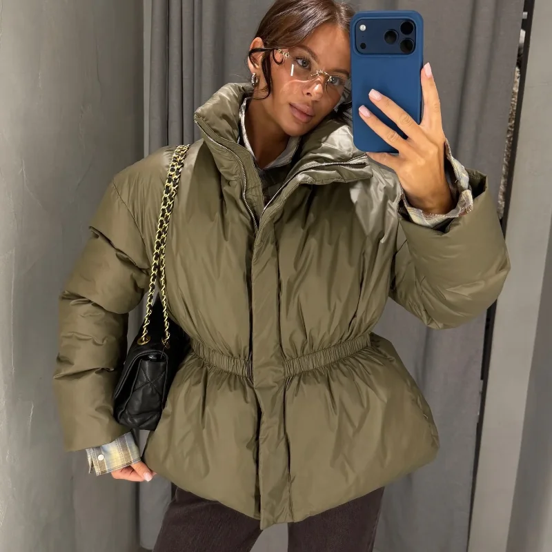 Fashion Glossy Padded Jackets Women's Drawstring Zipper Stand Collar Thicken Coats 2026 New Ladies Winter Solid Color Outwear