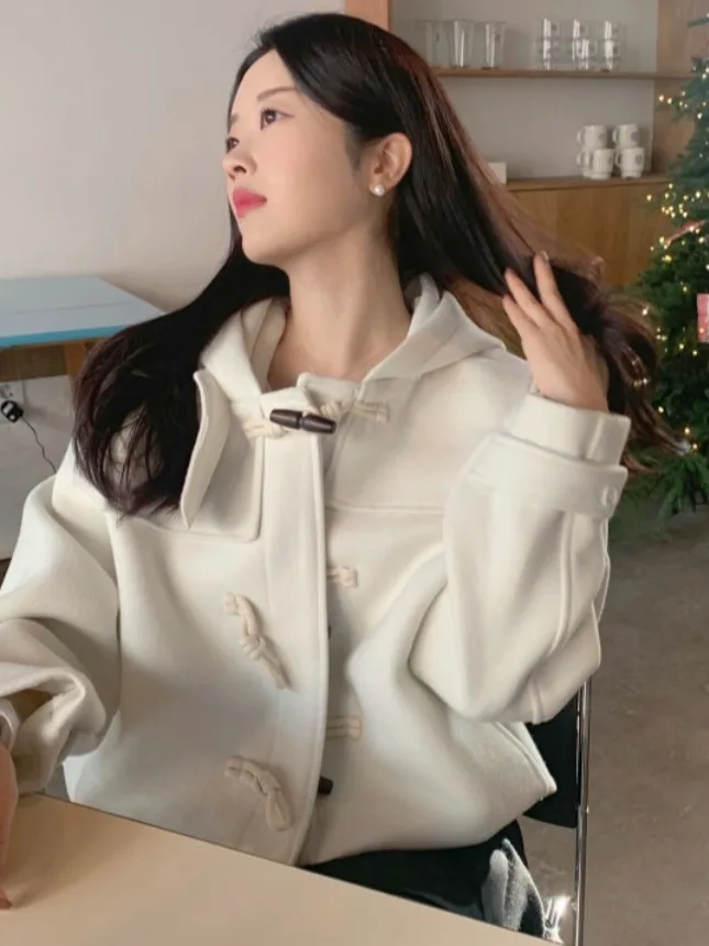 

Faionable Anti-Aging Hooded Tweed Jaet Women's Design Sensation Retro ort Coat Small Size Large Coat Sweet Loose Fit